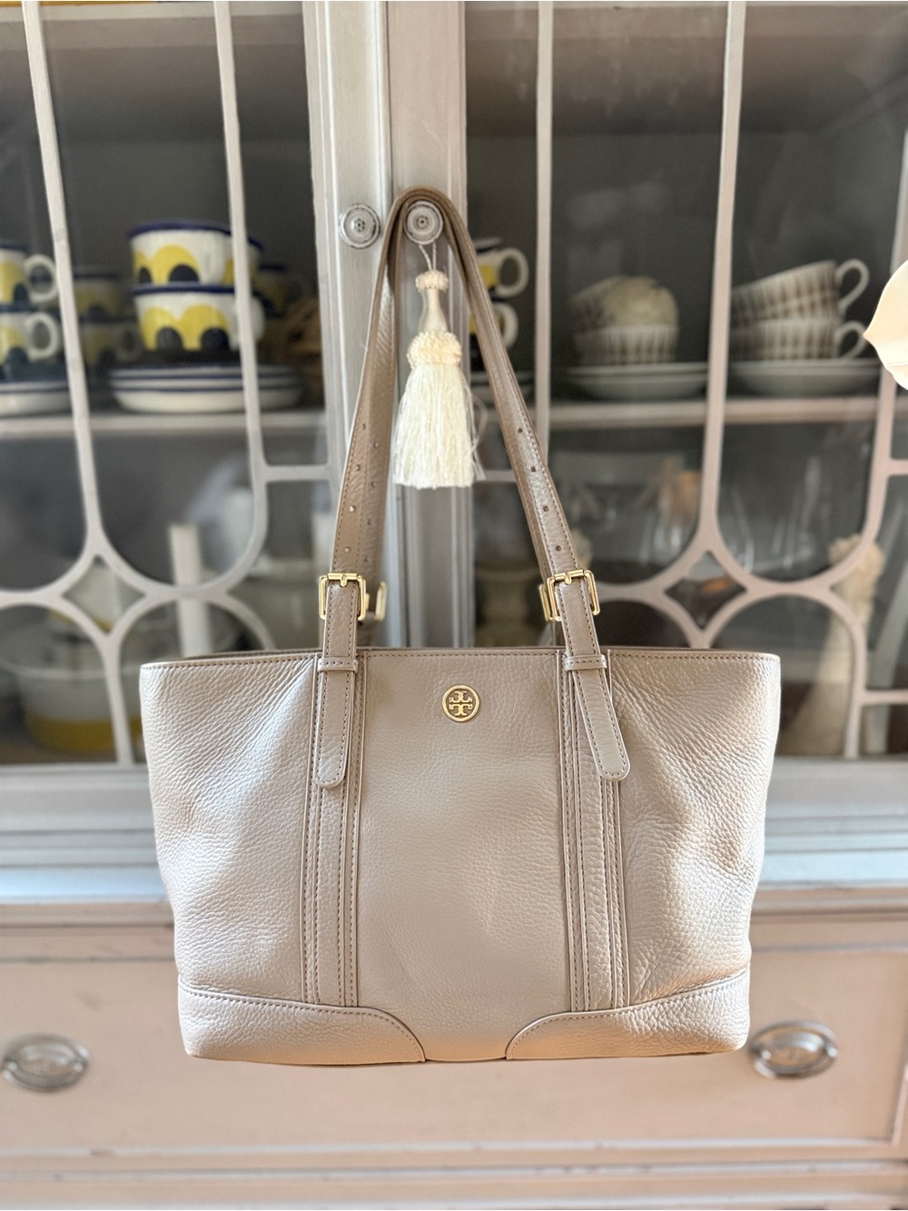 Tory Burch Taupe Pebbled Leather Tote & satchel bag